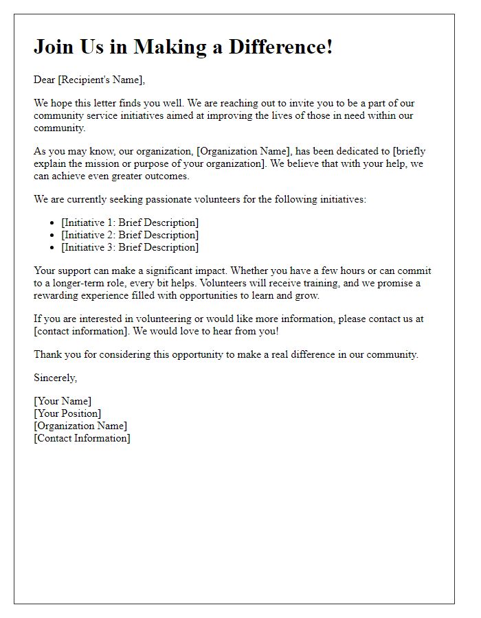 Letter template of appealing for volunteers for community service initiatives