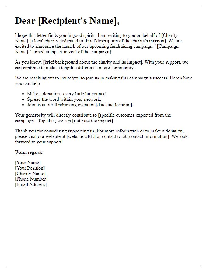 Letter template of initiating a fundraising campaign for a local charity