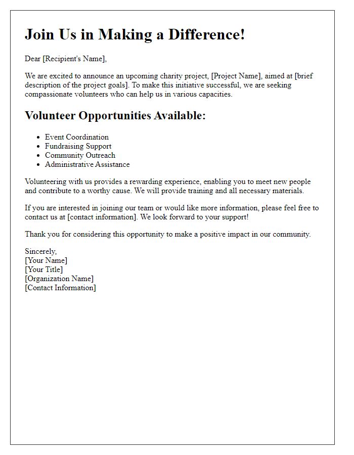 Letter template of promoting volunteer opportunities for a charity project