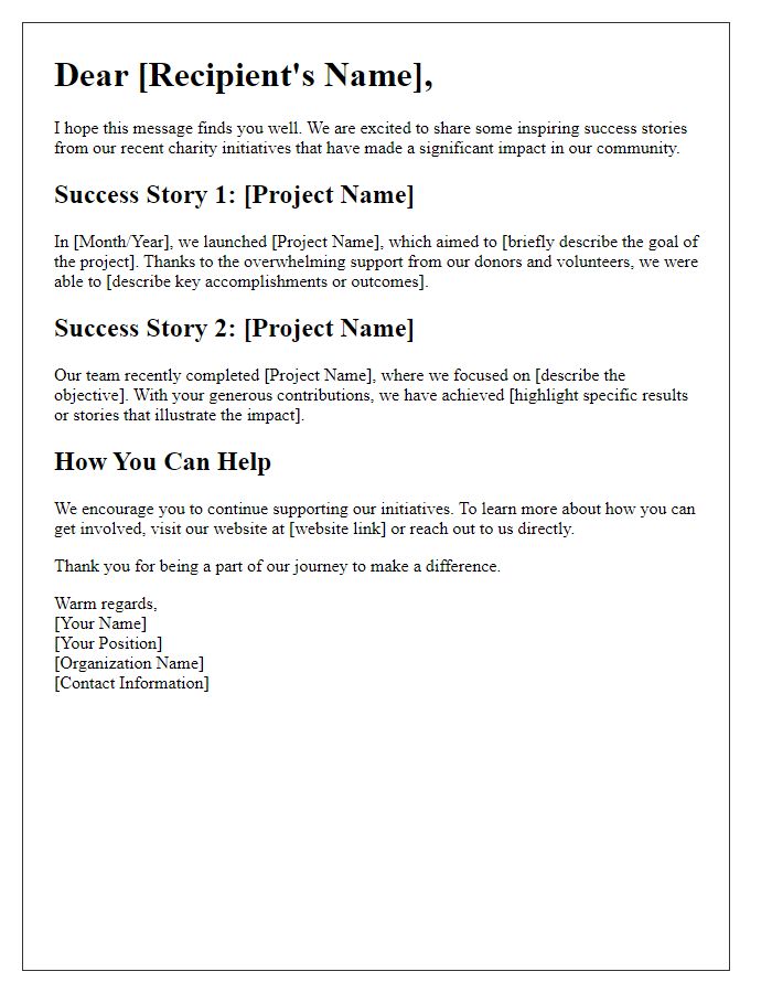 Letter template of sharing success stories from recent charity initiatives