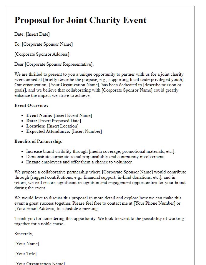 Letter template of Proposal for Joint Charity Event with Corporate Sponsors