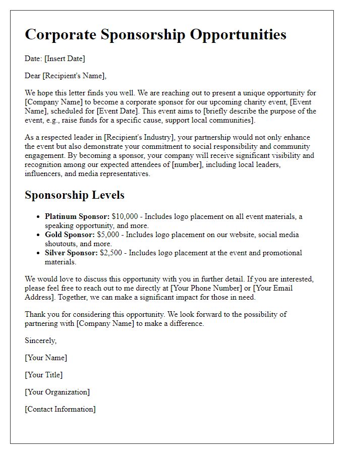 Letter template of corporate sponsorship opportunities for charity