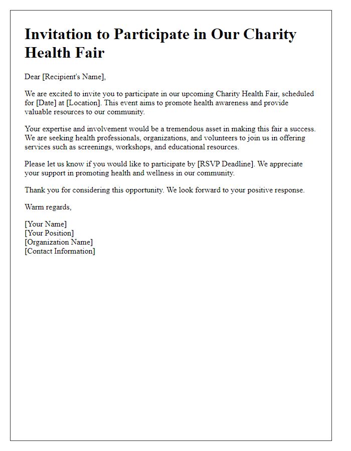 Letter template of invitation to participate in a charity health fair.