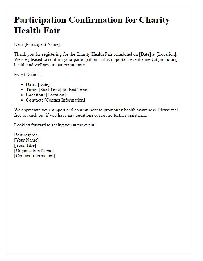 Letter template of participant registration confirmation for a charity health fair.