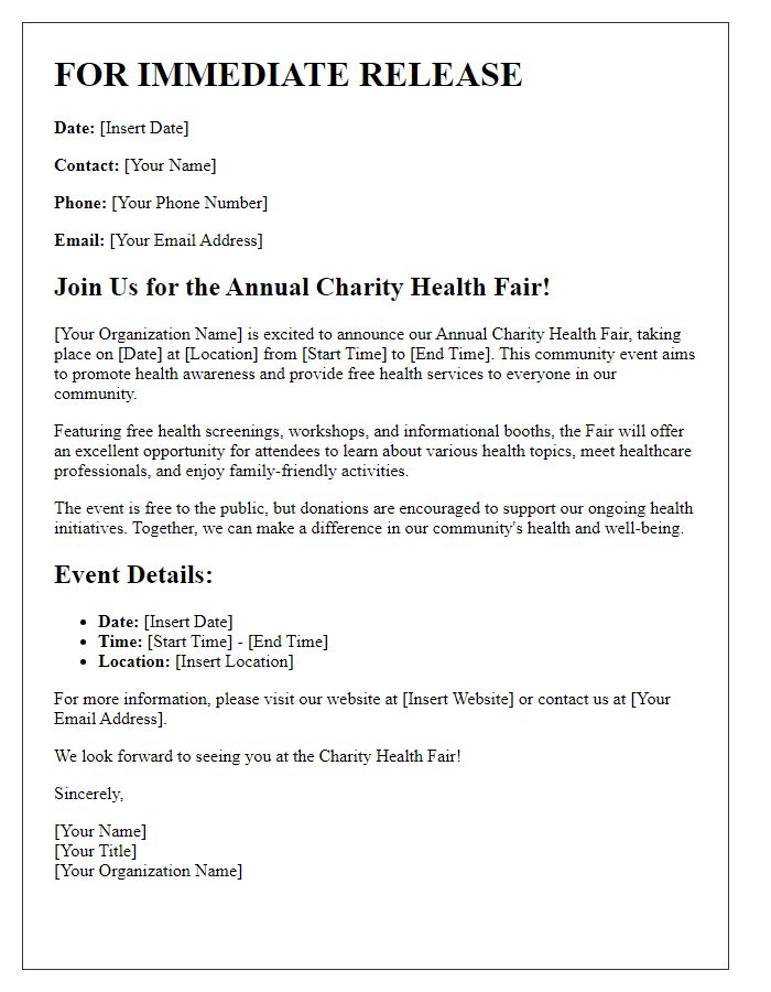 Letter template of press release for a charity health fair announcement.