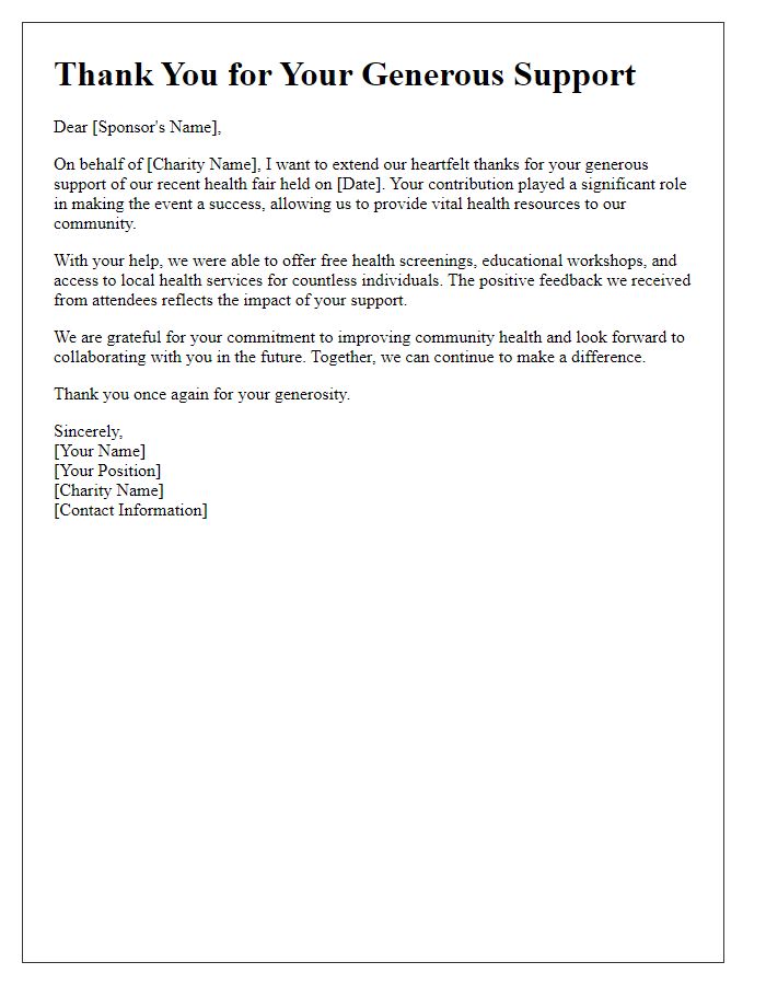 Letter template of thank-you for sponsors of a charity health fair.