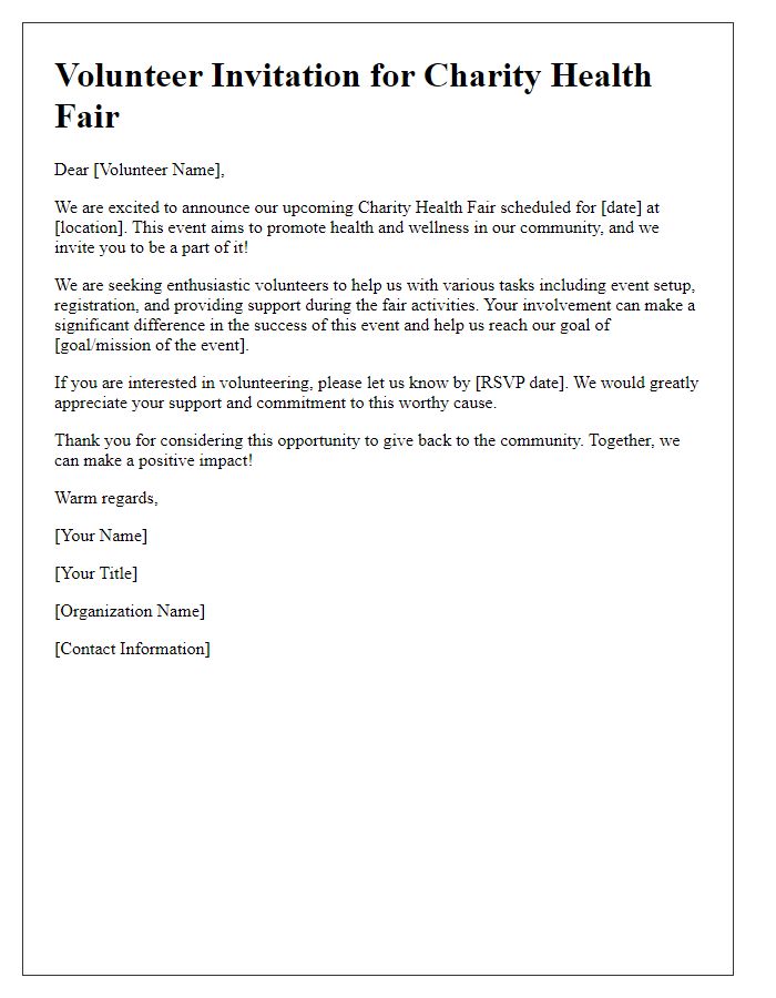 Letter template of volunteer invitation for a charity health fair.