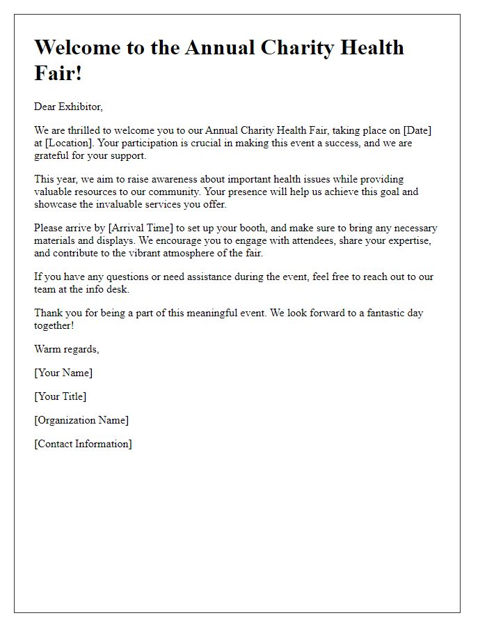 Letter template of welcome message for exhibitors at a charity health fair.