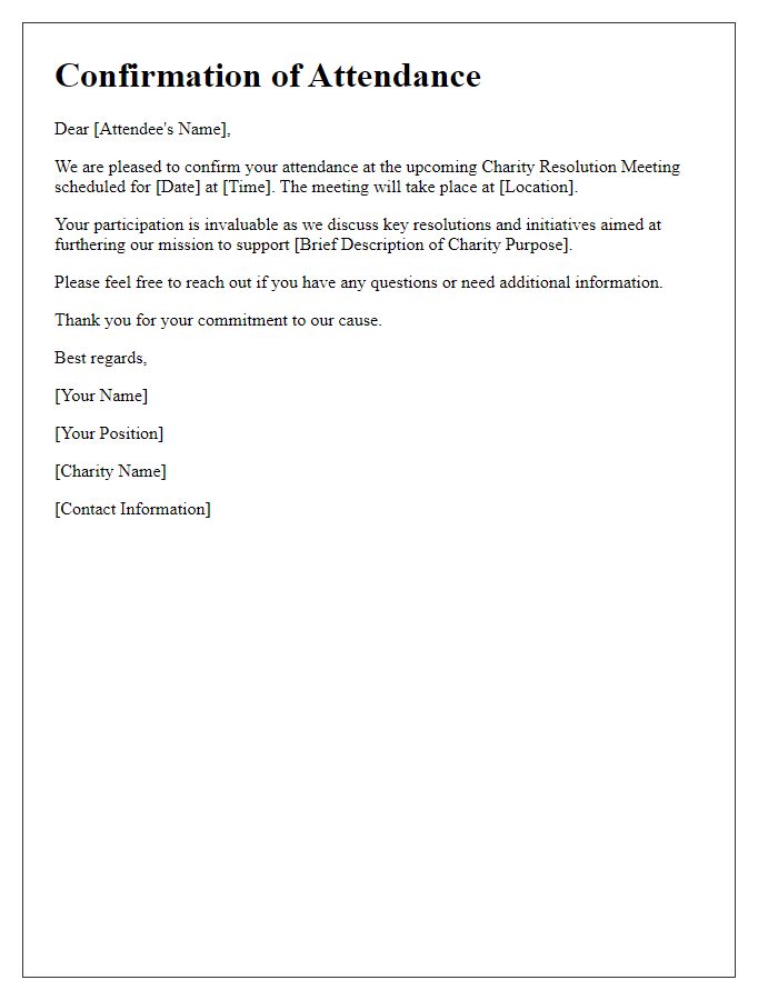 Letter template of charity resolution meeting attendee confirmation