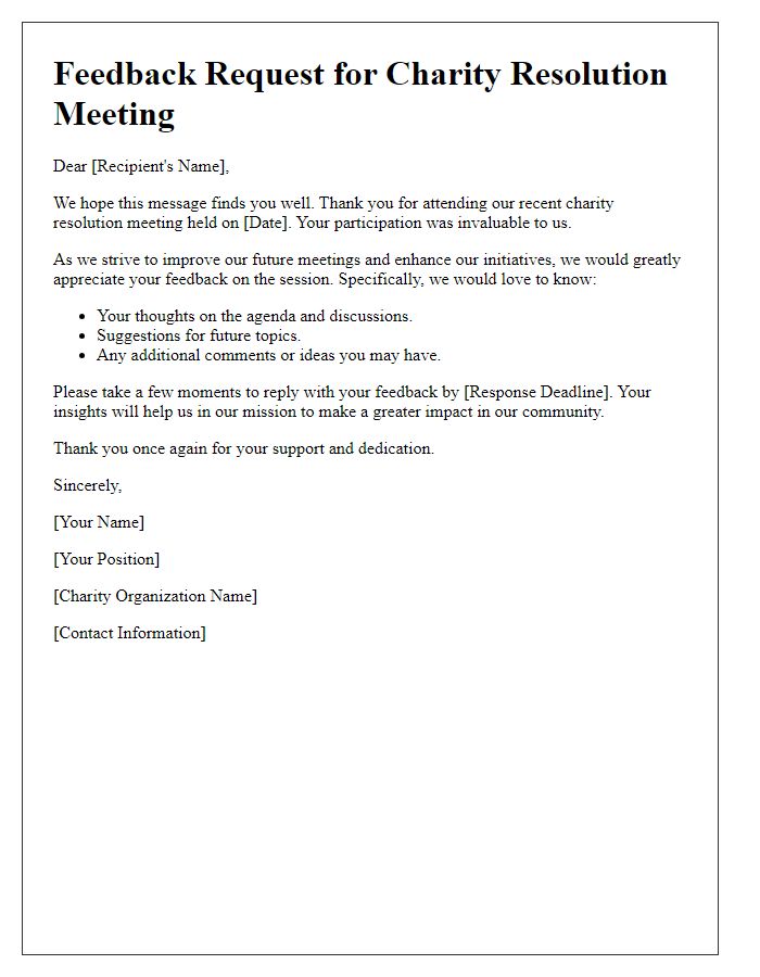 Letter template of charity resolution meeting feedback request