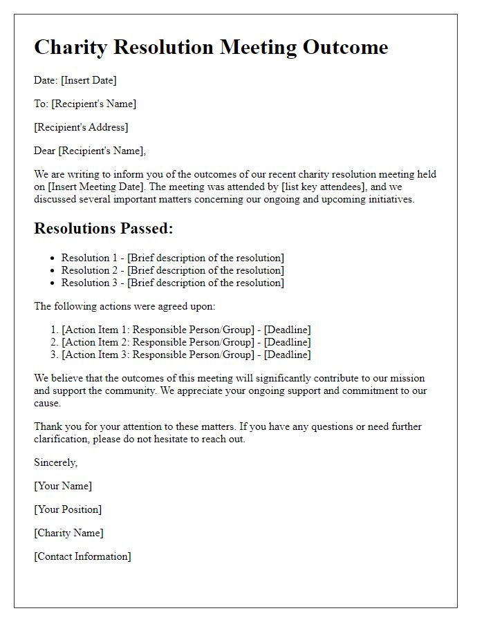 Letter template of charity resolution meeting outcome communication