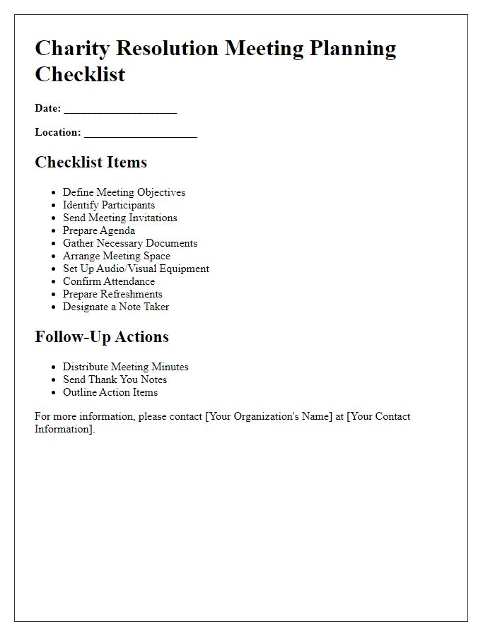 Letter template of charity resolution meeting planning checklist