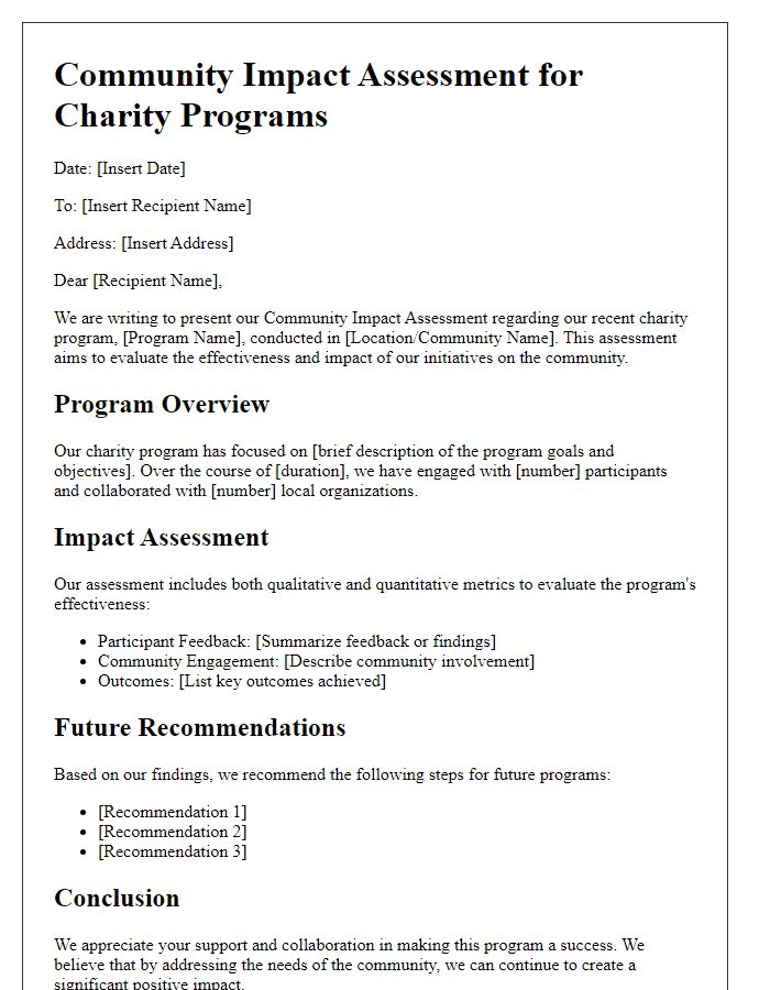 Letter template of community impact assessment for charity programs