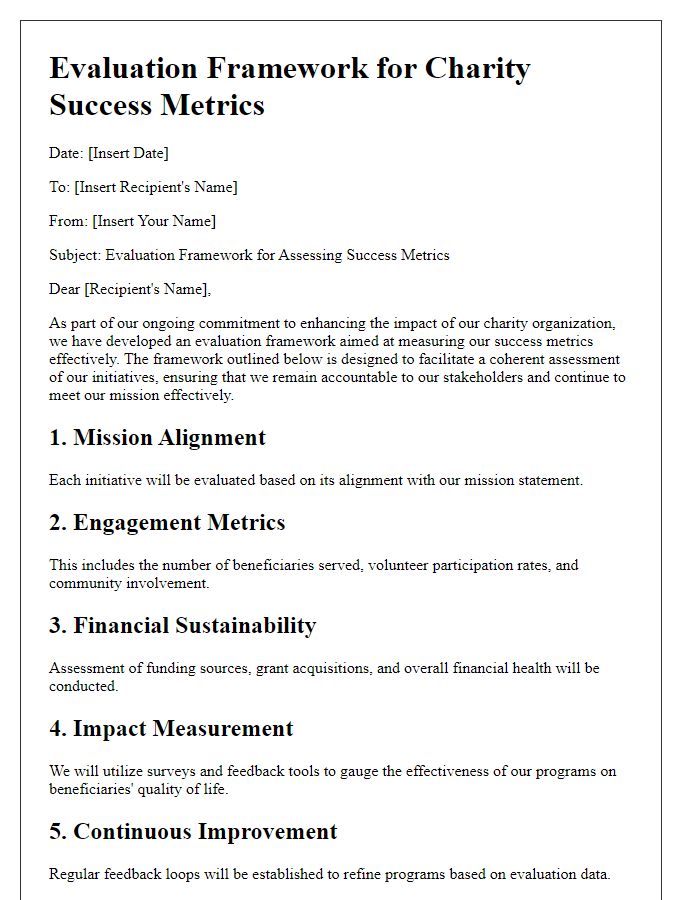 Letter template of evaluation framework for charity success metrics