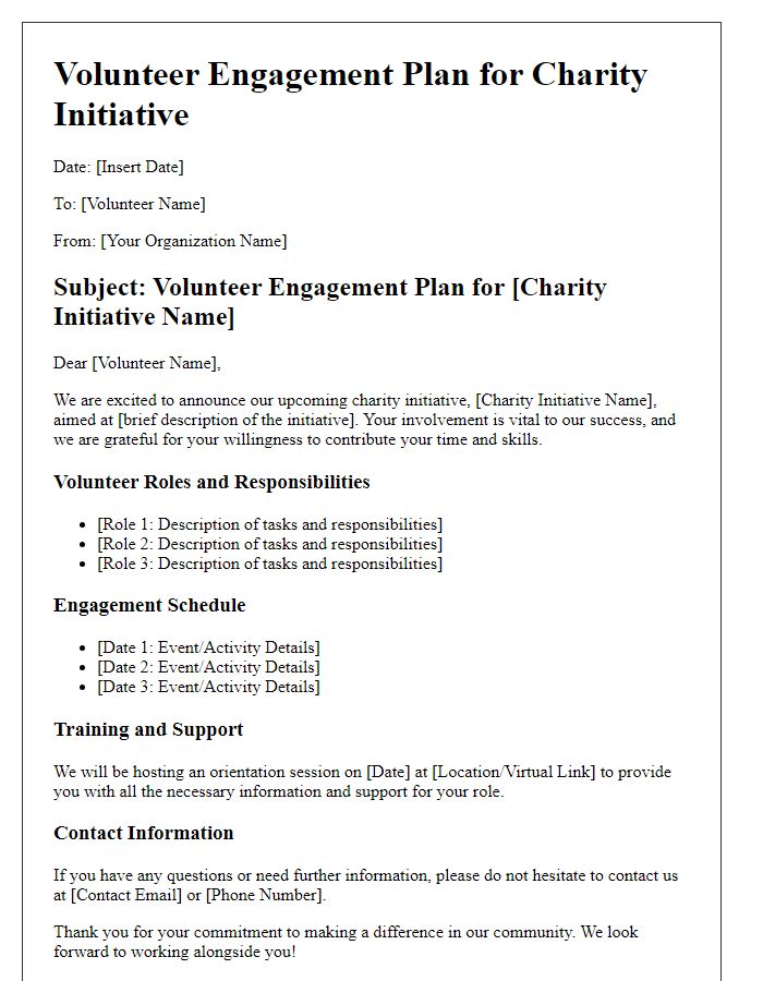 Letter template of volunteer engagement plan for charity initiatives