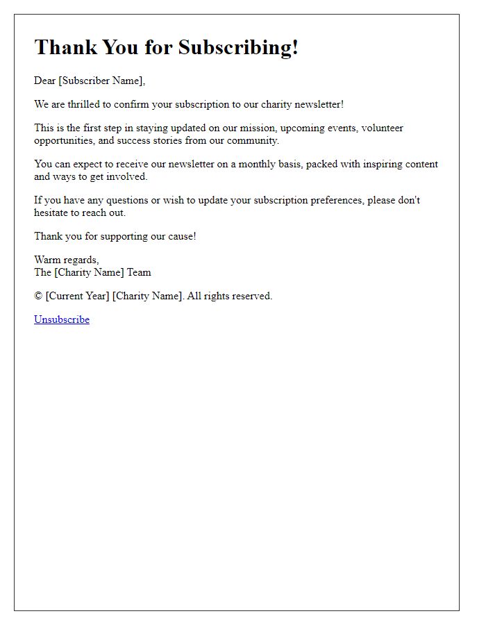 Letter template of charity newsletter subscription confirmation