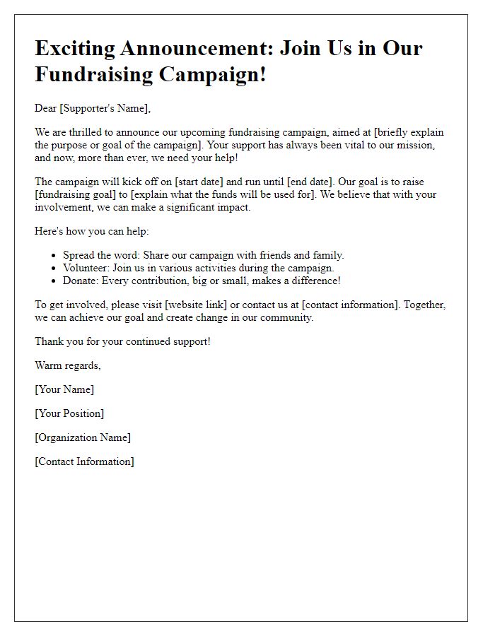 Letter template of fundraising campaign announcements for supporters