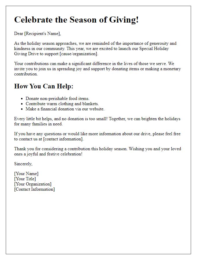 Letter template of special holiday giving drives for mailing contacts