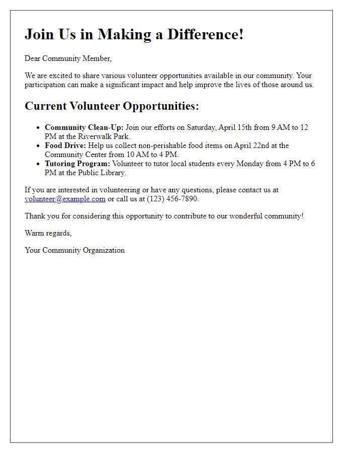 Letter template of volunteer opportunities for community members