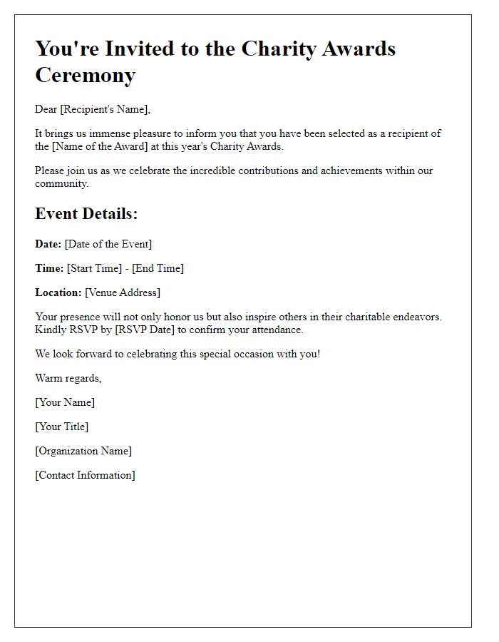 Letter template of charity awards acceptance invitation.