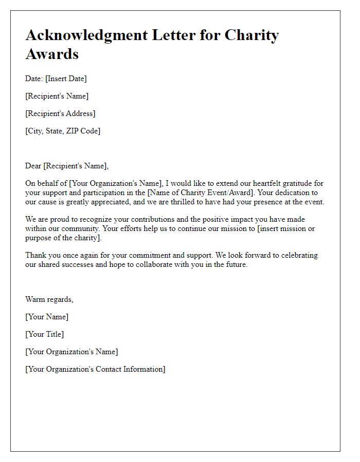 Letter template of charity awards acknowledgment letter.