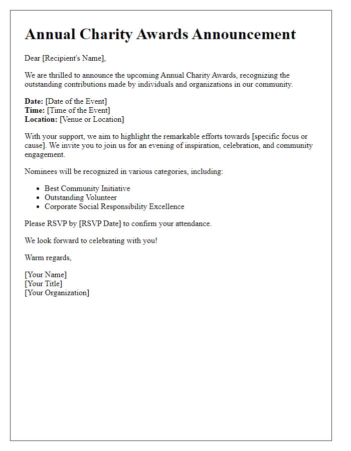 Letter template of charity awards announcement.