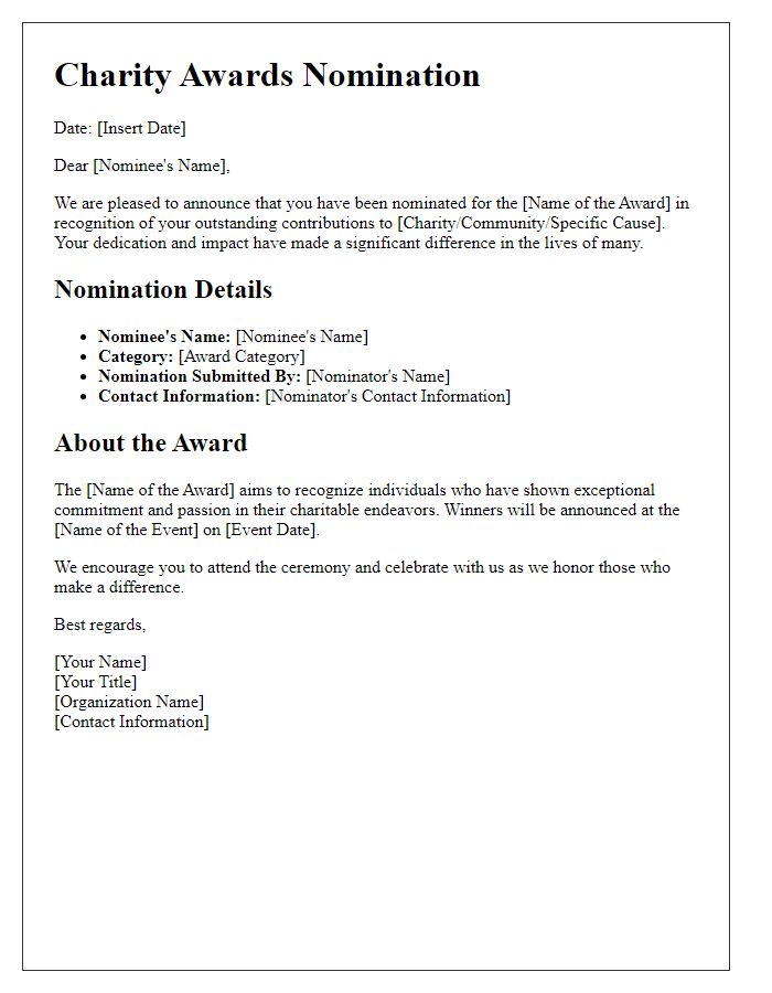 Letter template of charity awards nomination details.