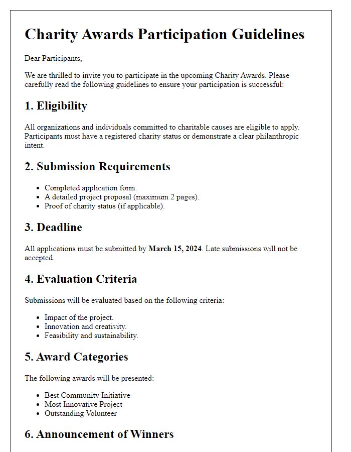 Letter template of charity awards participation guidelines.