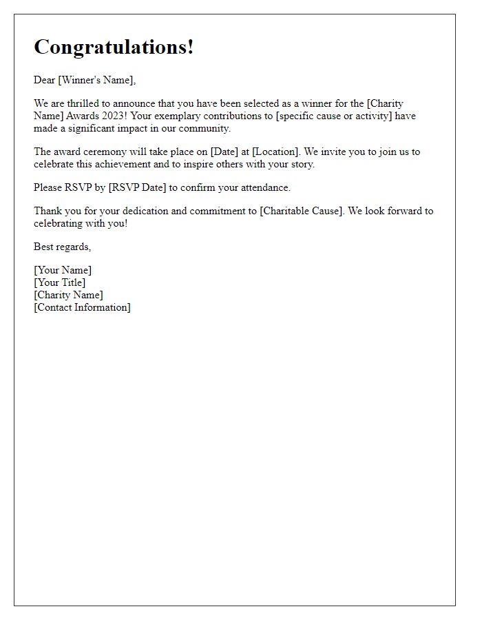 Letter template of charity awards winners notification.