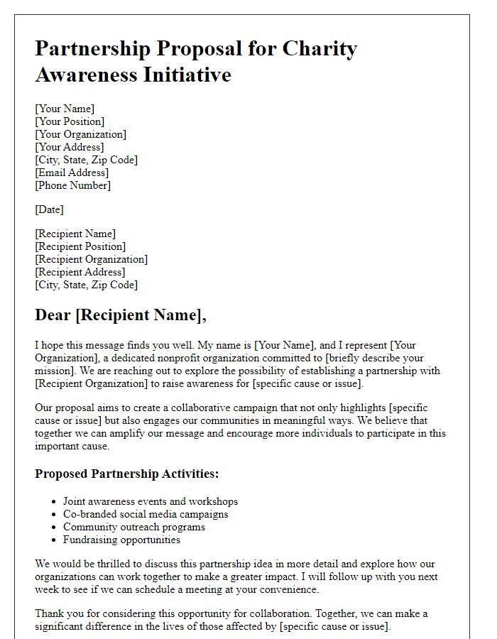 Letter template of charity awareness partnership proposal