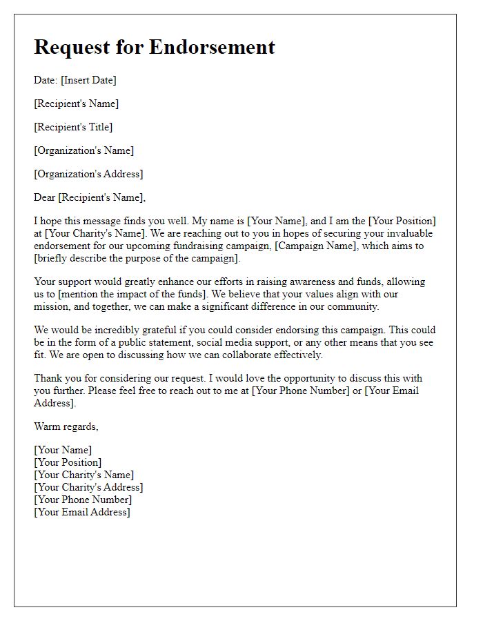 Letter template of charity endorsement request for fundraising campaigns.