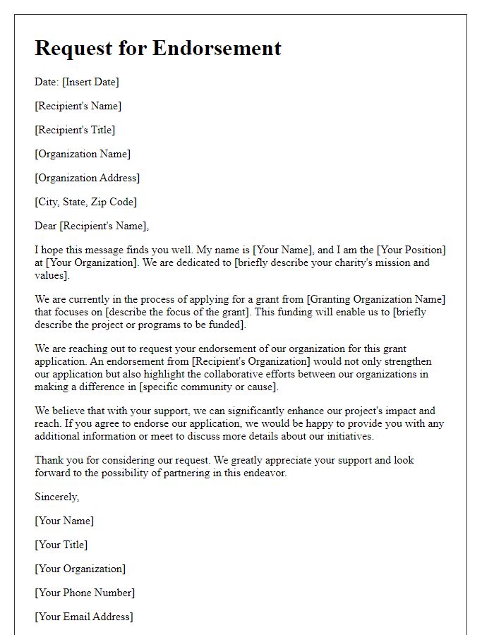 Letter template of charity endorsement request for grant applications.