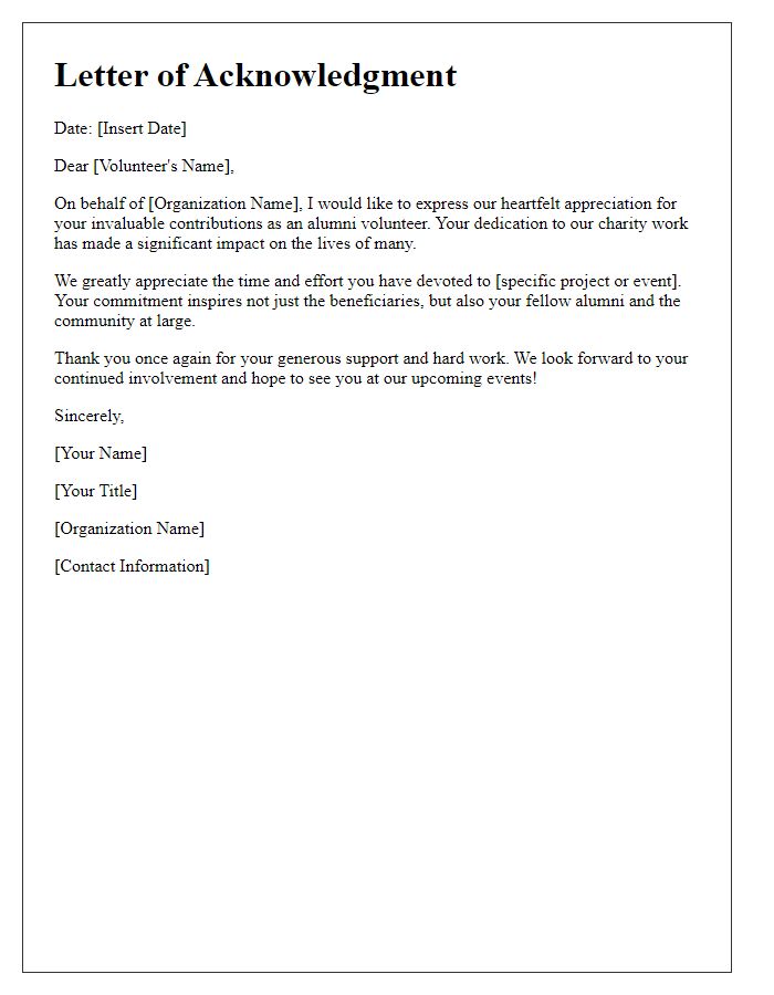 Letter template of acknowledgment for alumni volunteers in charity work