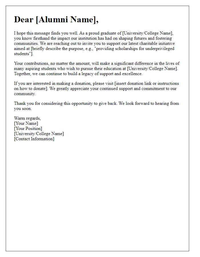 Letter template of request for alumni donations to charity