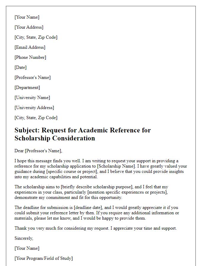 Letter template of academic reference request for scholarship consideration