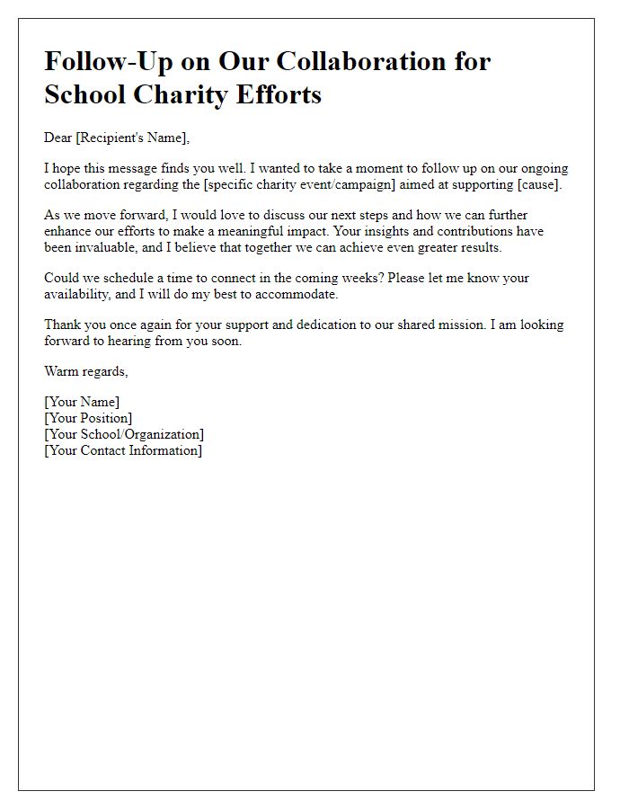 Letter template of collaboration follow-up for ongoing school charity efforts