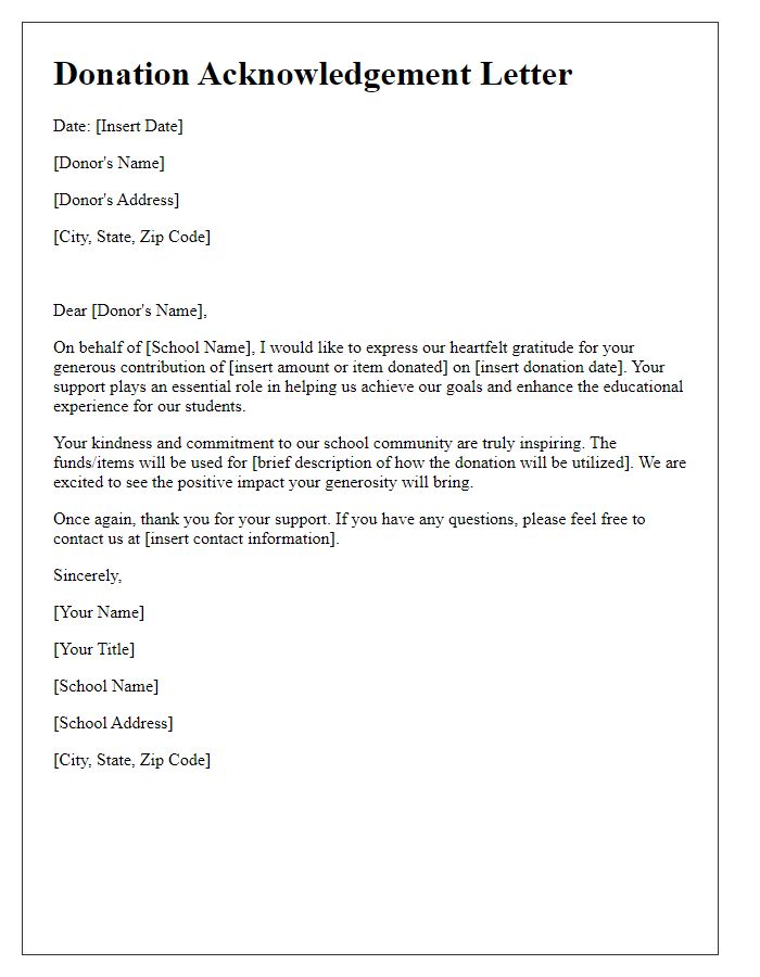 Letter template of donation acknowledgement for school charity contributions