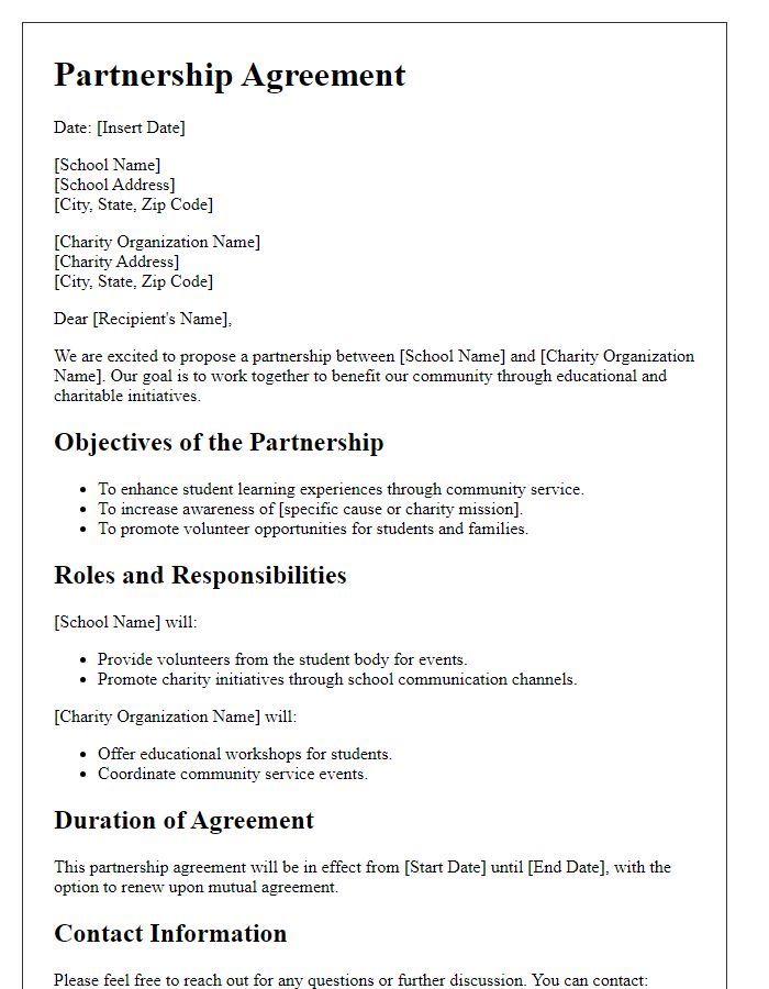 Letter template of partnership agreement for school and charity organizations