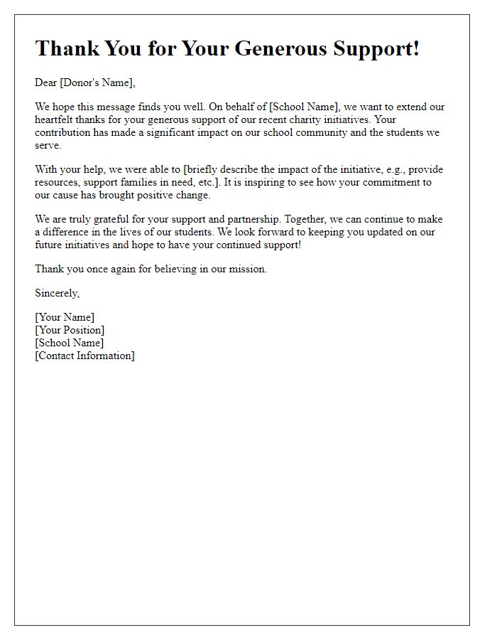 Letter template of thank you for supporting school charity initiatives