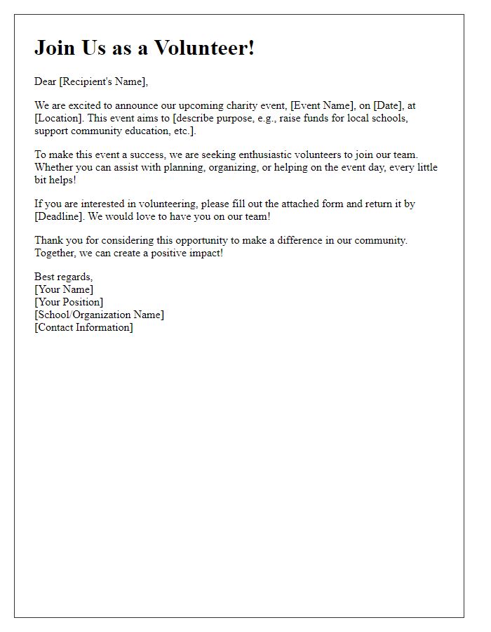 Letter template of volunteer recruitment for school charity events