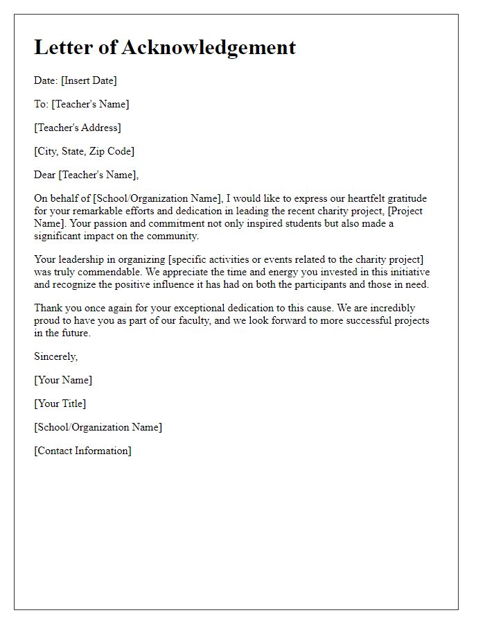 Letter template of acknowledgement for teachers leading charity projects.