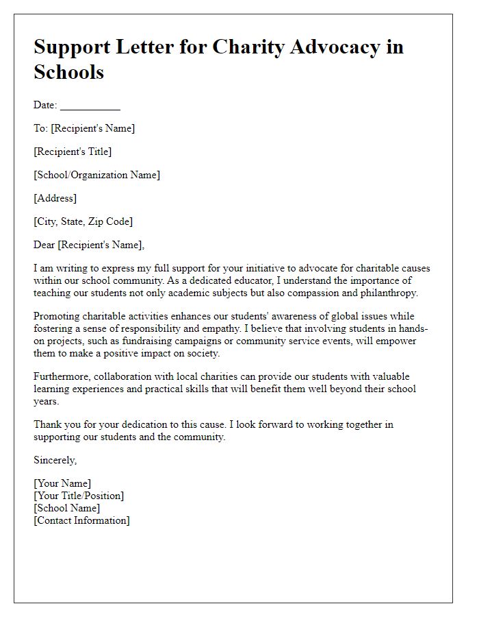 Letter template of support for teachers advocating charity in schools.