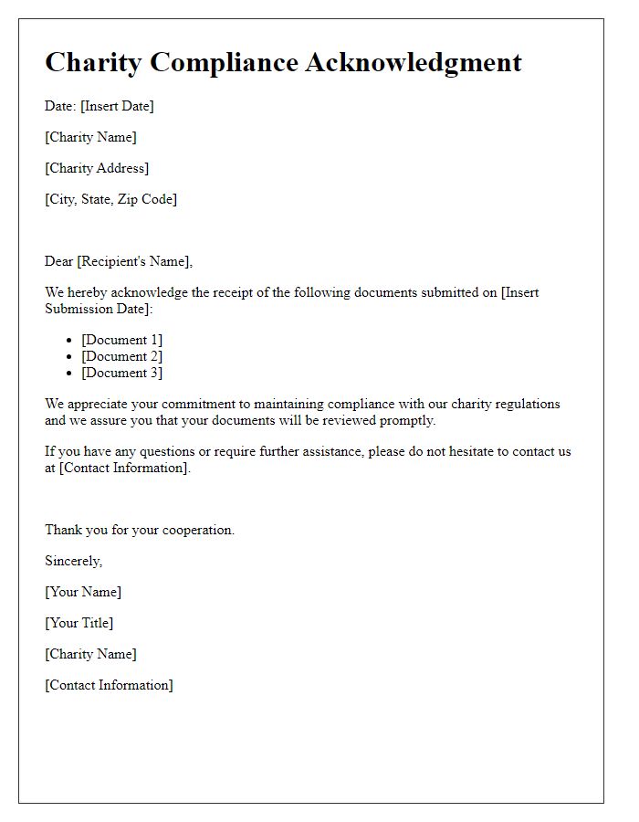 Letter template of charity compliance acknowledgment of received documents.