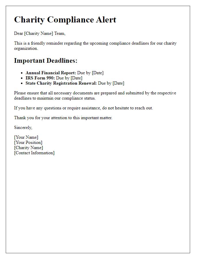 Letter template of charity compliance alert for upcoming deadlines.