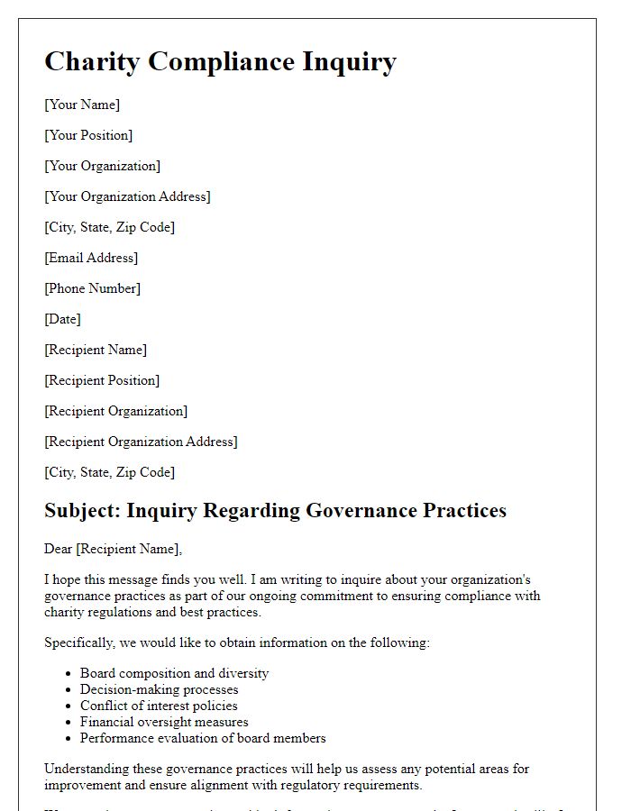 Letter template of charity compliance inquiry regarding governance practices.