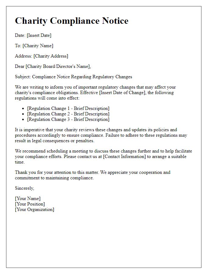 Letter template of charity compliance notice for regulatory changes.