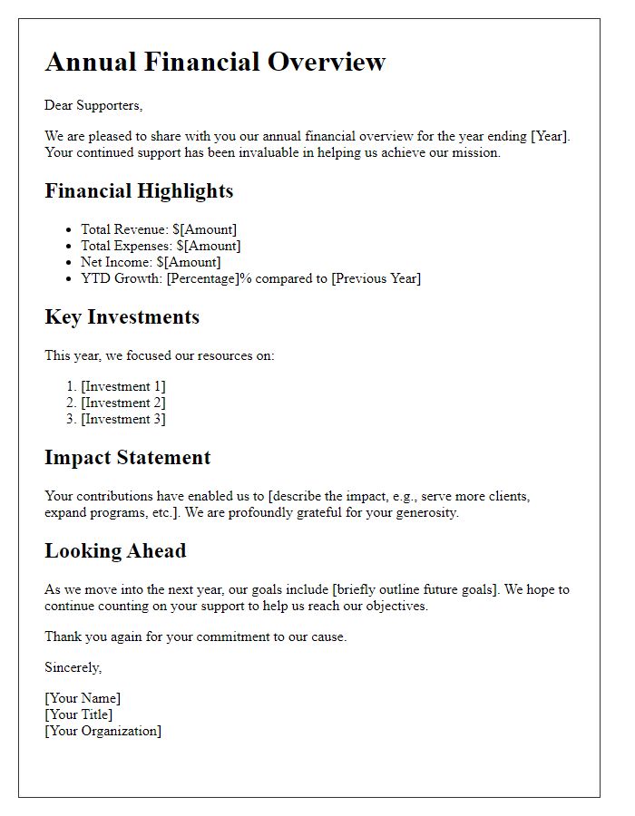 Letter template of annual financial overview for supporters