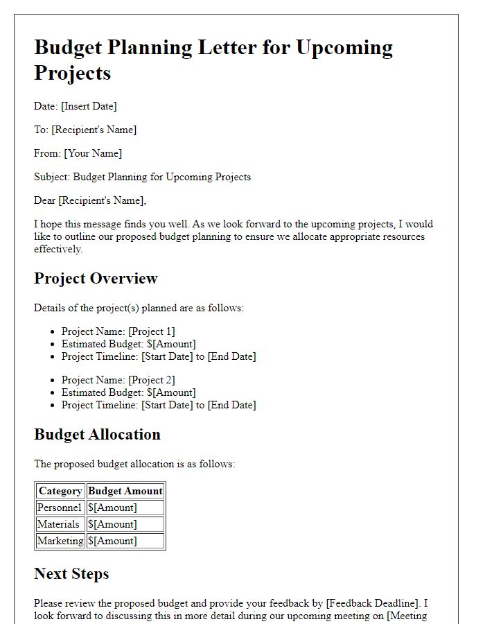 Letter template of budget planning for upcoming projects