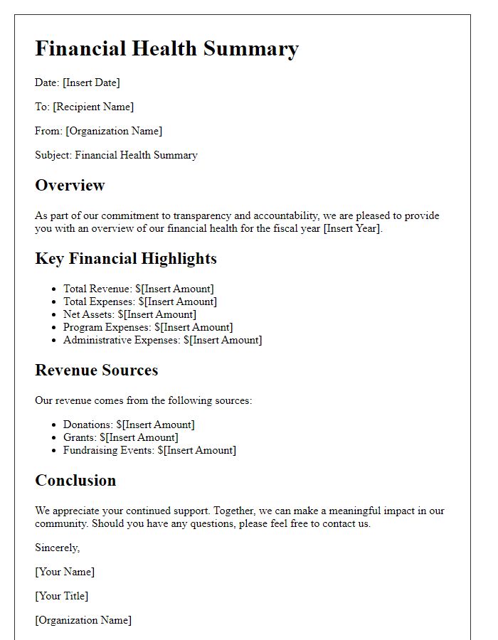 Letter template of charitable organization financial health summary