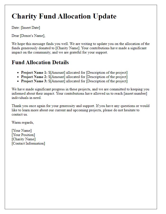 Letter template of charity fund allocation updates